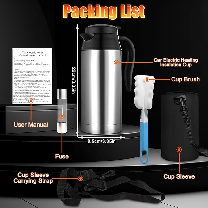 Car Electric Heating Cup 750ml Portable Stainless Steel Travel Mug, Insulated Water Cup, High Efficiency, Double Wall Vacuum Cup Body, High Grade Silicone Sealing Gasket (12V)