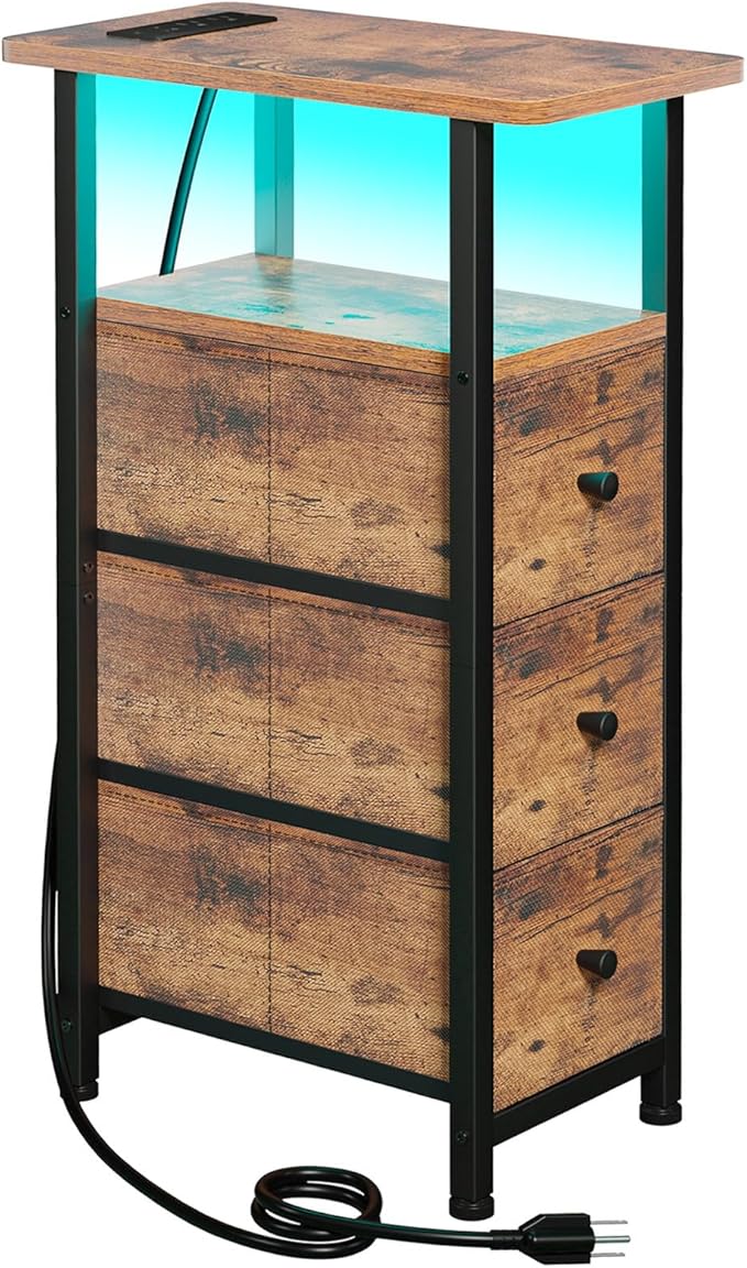 Narrow End Table Living Room with Charging Station, Skinny Side Table with Fabric Drawers, Slim LED Nightstand for Bedroom, Small Spaces, Couch, Rustic Brown, HETNDP03LPBR-1