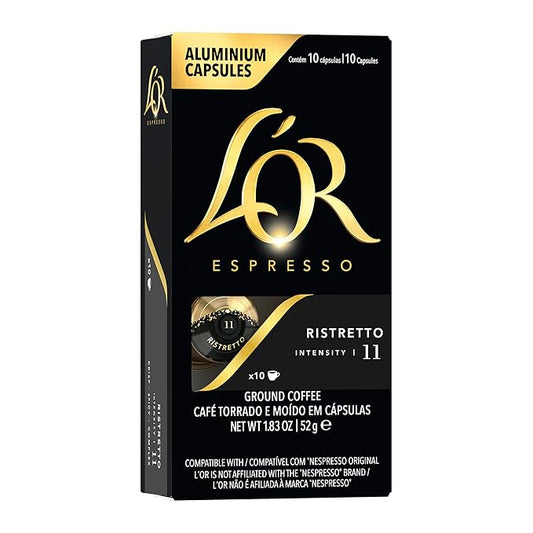 L'OR Espresso Capsules, 10 Count Ristretto, Single-Serve Aluminum Coffee Capsules Compatible with the L'OR BARISTA System & *Nespresso Original Machines, 10 Count (Pack of 1)