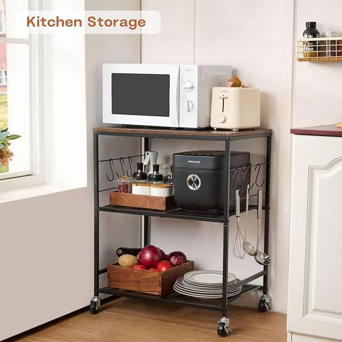 Rolling Kitchen Microwave Cart, 3 Tier Microwave Stand with Storage, Small Kitchen Island on Wheels, Wood and Mental Kitchen Shelf Rack, Black Organizer for Living Room, Office, Balcony
