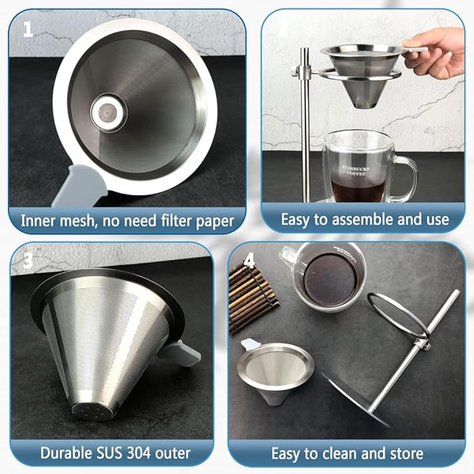 Bevansol Stainless Steel Pour Over Coffee Maker, Adjustable Stand, Double-layer Filter