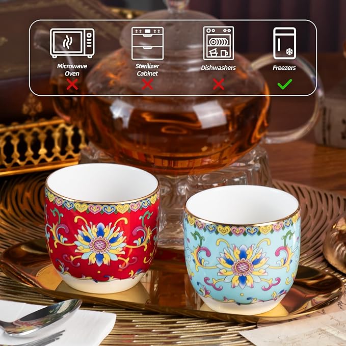 KAMMAK Tea Cups Set of 2, 6.35oz Mini Ceramic & Porcelain Tea Mugs -Handleless Vintage, Non-Toxic Handcrafted Cups for Juice, Coffee, Gift(Red + Lake Blue)