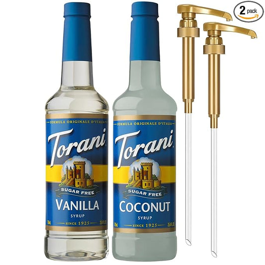 Torani Sugar Free Coconut Syrup and Sugar Free Vanilla Syrup Variety 2-Pack, Coffee Syrups for Drinks, Pumps Included, 25.4 Fl Oz Ea