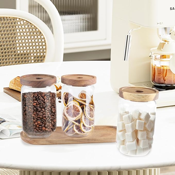 Glass Food Storage Containers with Lids, Airtight Kitchen Canister Set of 3, Pantry Organizers and Storage for Tea,Coffee,Sugar,Beans,Espresso,Rice,Flour, Cereal,Scoop,Bar Accessories,Gifts