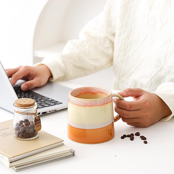 Mkour 20oz Large Ceramic Coffee Mugs, Handmade Cup, Big Tea Cups with Large Handle for Office and Home, Microwave and Dishwasher Safe (Orange)
