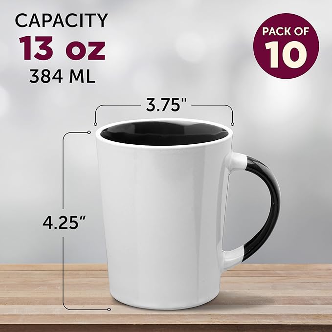 DISCOUNT PROMOS Ceramic Latte Coffee Mugs by Albany 13 oz. Set of 10, Bulk Pack - Perfect for Coffee, Tea, Espresso, Hot Cocoa, Other Beverages - Black