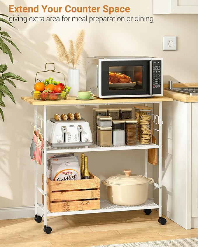 Kitchen Island with 3 Shelves, Rolling Kitchen Cart with 6 Hooks and Protective Shelf, Microwave Stand on Lockable Wheels, Bakers Rack Coffee Bar for Dining, Living Room, Outdoor, Metal Frame, White
