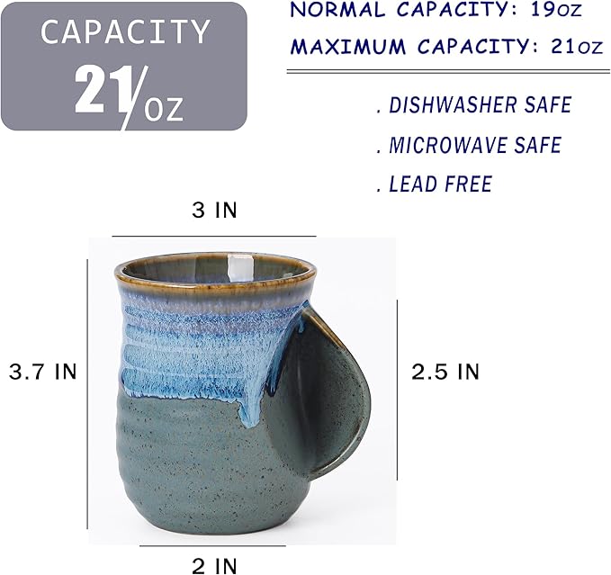 Mkour 21oz Large Ceramic Coffee Mugs, Handmade Tea Cups with Comfortable Handle for Office and Home, Microwave and Dishwasher Safe (Blue Grey)