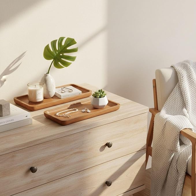 NAZANIN Set of 2 Natural Acacia Wood Serving Trays - Rectangular Wooden Trays for Coffee Table and Ottoman- Solid Wood Platters for Appetizers, Snacks, and Decor (11.4" & 7.5")