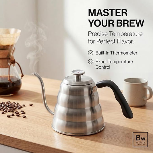 Barista Warrior Gooseneck Kettle for Pour Over Coffee and Tea with Thermometer for Exact Temperature, Precision Pour Drip Spout, Stainless Steel, Compatible with all Stove Tops (1.2 Liter, 40 fl oz)