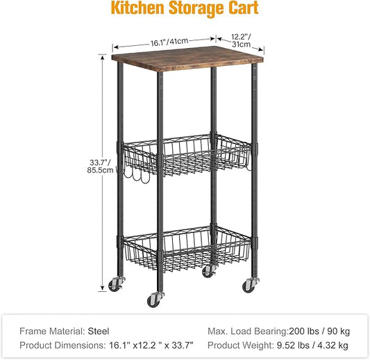 Homeiju Rolling Kitchen Storage Cart, 3-Tier Storage Rack on Caster Wheels with Adjustable 2 Baskets, Coffee Station Cart Rack Shelf Organizer for Living Room Office, Balcony, Rustic Brown/Black