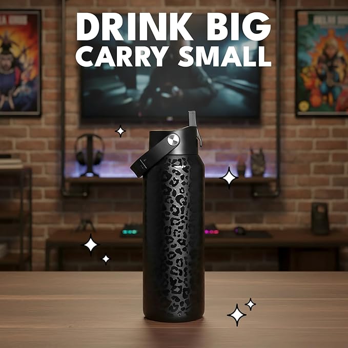 Elemental 40oz Insulated Water Bottle with Straw - 100% Leak-Proof Stainless Steel Core Water Bottles for Travel, Sports and Gym - Double Wall Insulation & BPA Free - Black Leopard