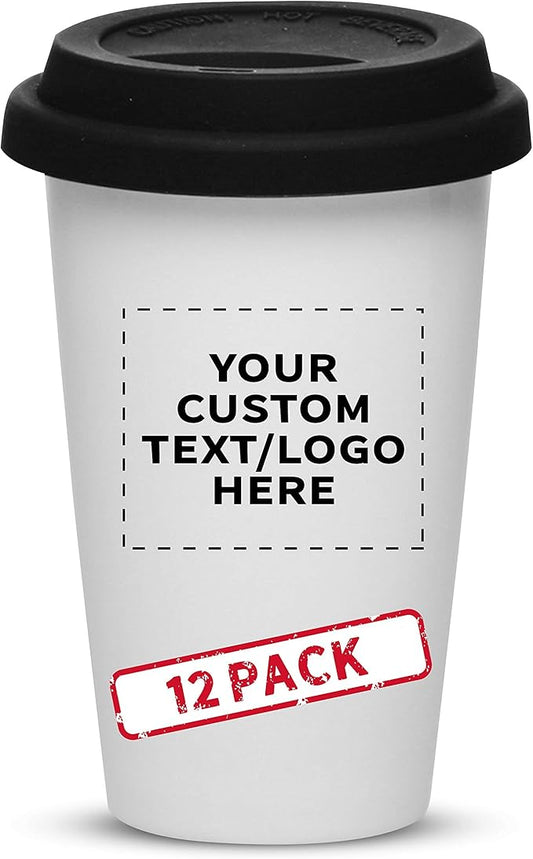 Personalized 11 oz. Double Wall Ceramic Tumblers with Lid - 12 Pack - Custom Text, Logo - Black