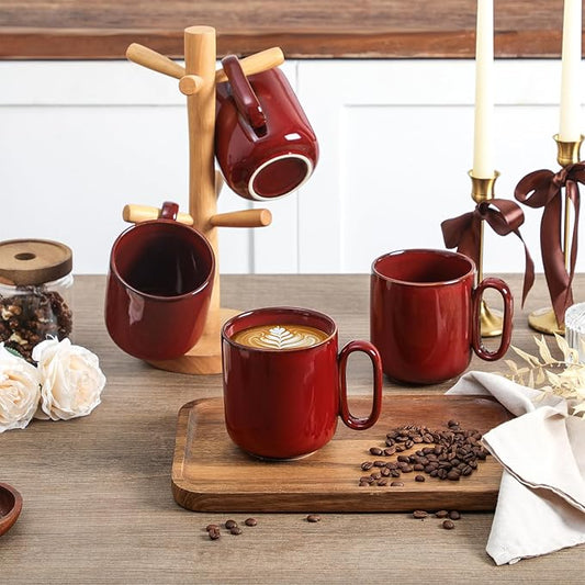 vicrays Ceramic Coffee Mug Set - 18 Ounce Large Stoneware Mug for Men Women - Unique Glazed Porcelain Mugs with Handle for Coffee Latte Tea Milk Cocoa - Set of 4 (Cherry Red)