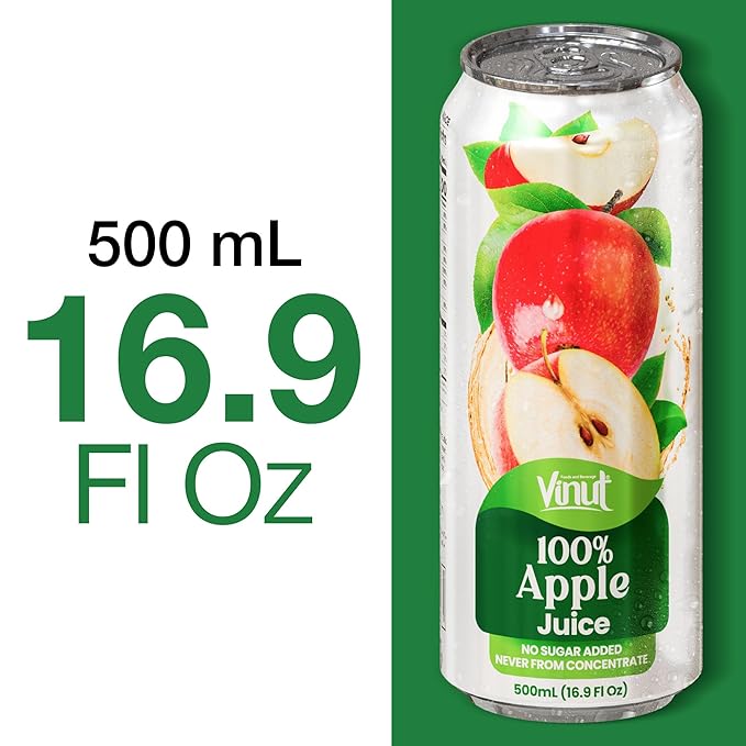 VINUT 100% Apple Juice, No Added Sugar, Not From Concentrate, 16.9 fl oz (500 mL) Can, Pack of 12