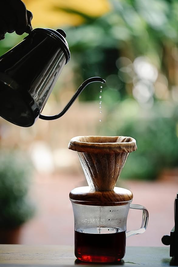 ATHIA Glass Pour Over Coffee Dripper Set, Glass Cone Dripper, Reusable Cloth Filter, Leather Cup Sleeve, Minimal Single Cup SET, for outdoor, office or at home (Walnut Wood)
