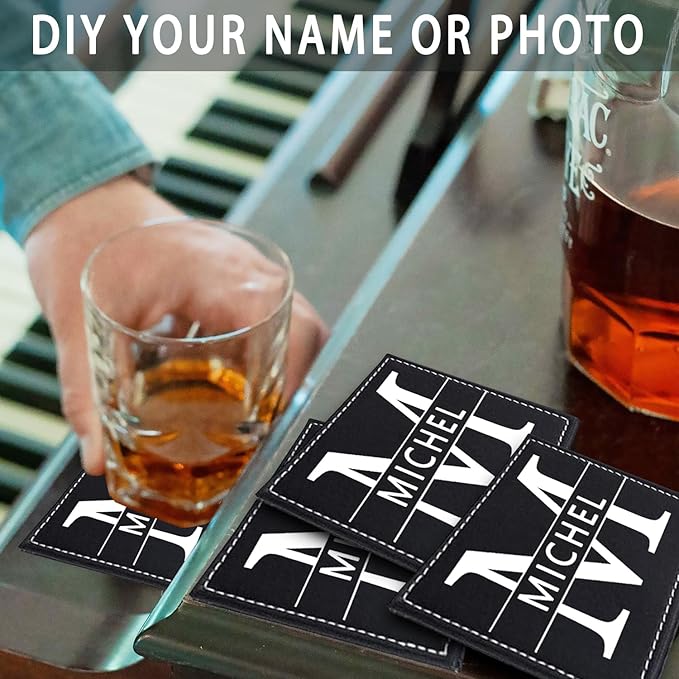 Personalized Coasters, Custom Set of 6 Leather Coaster for Drinks with Holder, DIY Name/Photo/Logo, Non-Slip, Heat Resistant, Waterproof for Coffee Table Bar Beer Wine Cup Housewarming