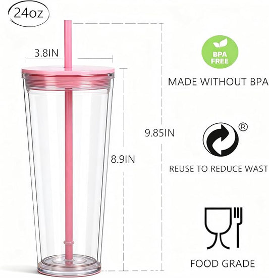 24oz Tumbler with Lid and Straw, Leak Proof and Double Wall Insulated Reusable Plastic Cups,Travel Reusable Iced Coffee Cup (1, Pink)