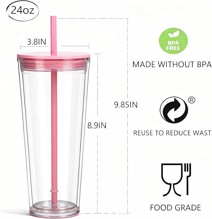 24oz Tumbler with Lid and Straw, Leak Proof and Double Wall Insulated Reusable Plastic Cups,Travel Reusable Iced Coffee Cup (2, Pink)