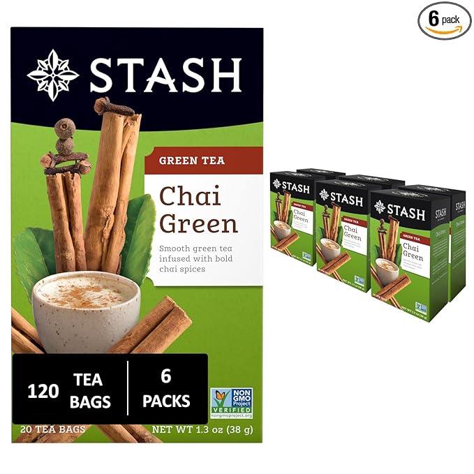Stash Tea Chai Green Tea - Caffeinated, Non-GMO Project Verified Premium Tea with No Artificial Ingredients, 20 Count (Pack of 6) - 120 Bags Total