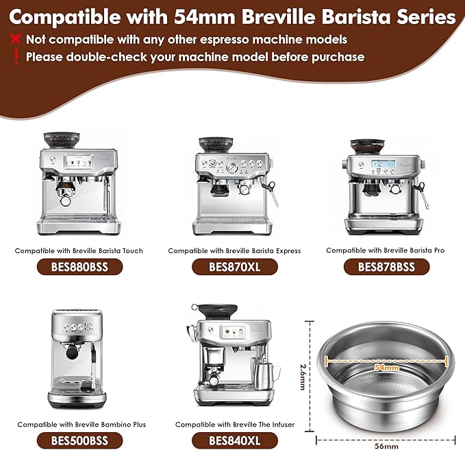 Dunkive 1 Pack 54mm Dual Wall Portafilter Basket Compatible with Breville Espresso Machines BES860XL/11.41, BES870, BES880, BES875, Two Cup Dual Wall Filter Replacement (Single Port,Black)