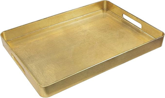 MAONAME Gold Decorative Tray with Handles, Foil Serving Tray for Ottoman, Rectangular Coffee Trays for Living Room, Bathroom, 16.7" L x 11.8" W x 1.6" H
