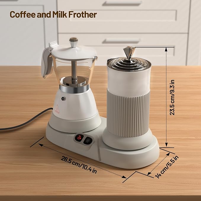 Electric Espresso Machine with Milk Frother 2 in 1 Efficient Moka Pot Coffee Maker with Milkfroth Aluminum One-Touch Operation for Effortless Cappuccinos Lattes Macchiatos White