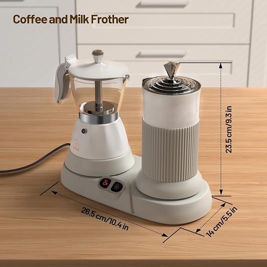 Electric Espresso Machine with Milk Frother 2 in 1 Efficient Moka Pot Coffee Maker with Milkfroth Aluminum One-Touch Operation for Effortless Cappuccinos Lattes Macchiatos White