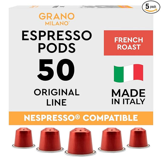New Grano Milano French Roast Coffee Capsules - 50 Aluminum Coffee Pods Compatible with Nespresso Original line, Dark Roast - Intensity 10/12, Made in Italy