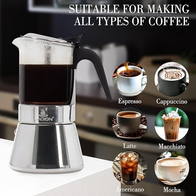 LAOION 9-Cup Moka Pot - Crystal Glass Top, Stainless Steel, Induction Compatible, 360ml