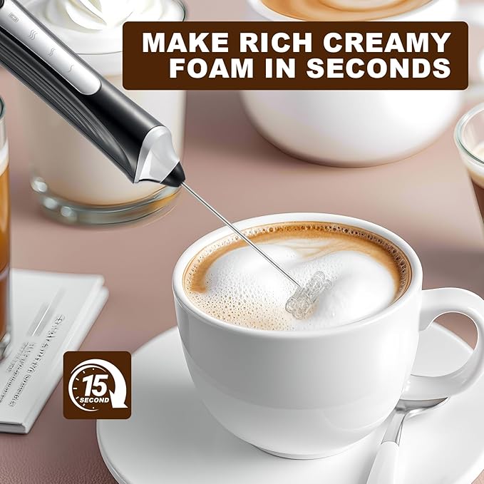 Handheld Electric Milk Frother with 2 Heads, Coffee Whisk Foam Mixer with USB Rechargeable 3 Speeds, Foam Maker Blender for Latte, Cappuccino, Hot Chocolate, Egg (Black with 3Head+Box)