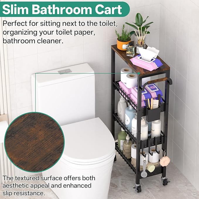 Laundry Room Organization Cart, 4 Tier Slim Rolling Cart for Small Narrow Spaces, Storage Shelf Cabinet with Wheels for Bathroom, Utility Room, Kitchen, Near Washer and Dryer (9.1" W Overall)