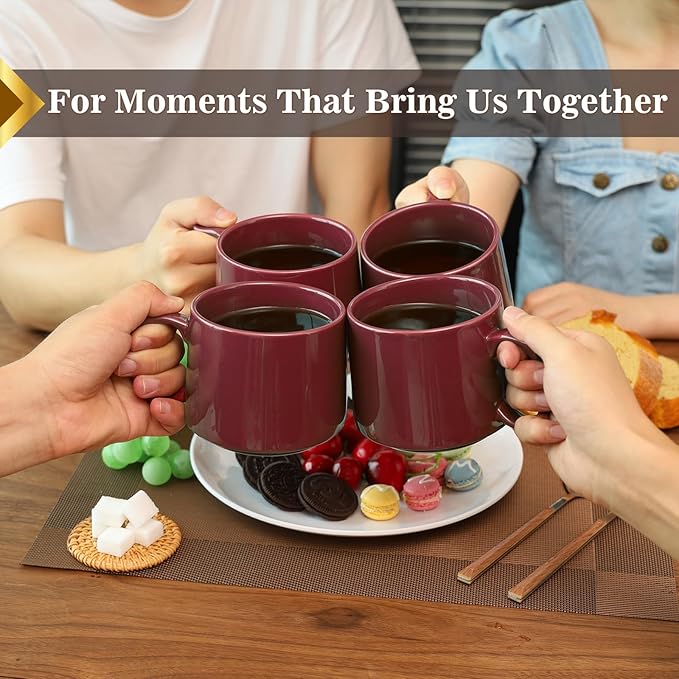 Coffee Mugs Gift Set of 4, Large 19 oz Stackable Ceramic Coffee Mug, Coffee Cups with Large Handle for Latte, Cappuccino, Milk, Tea, Dishwasher & Microwave Safe, Ideal Gift for Men, Women - Red