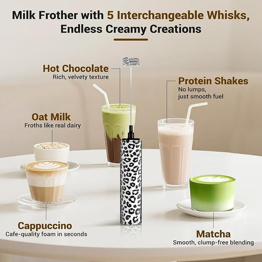 Milk Frother Handheld Rechargeable - 2-Speed Electric Whisk with 5 Detachable Heads (Frother/Mixer/Whisk) for Coffee, Latte, Cappuccino & Matcha, Drink Mixer (Flower 17)