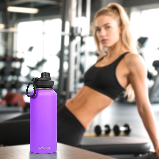 SASEUM Sport Water Bottle 32oz Stainless Steel Double Wall Vacuum Thermal Mug with Leak Proof Spout Lids, Wide Mouth Metal Insulated Water Jug for Gym and Travel（Purple）