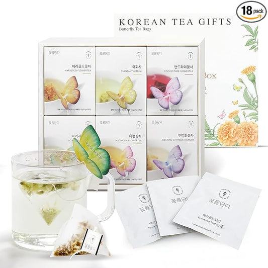 KKOKDAM Korean Tea Gift Set – 6 Flavor Butterfly Tea Bag Sampler – Elegant Box for Tea Lovers - Unique Gift