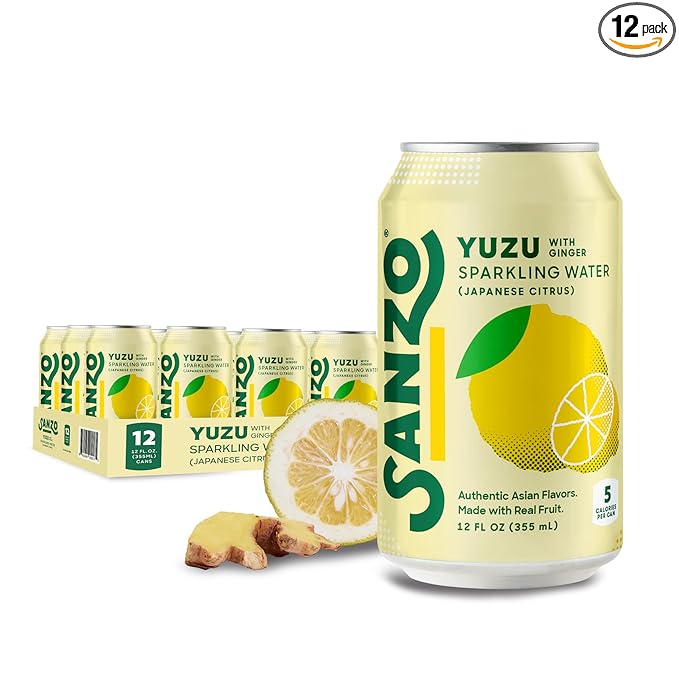 Sanzo Flavored Sparkling Water - Yuzu Lemon Seltzer (with Ginger) - Low Calorie Low Sugar Soda - Craft Asian Drinks - Vegan Gluten Free Carbonated Flavored Water - Fizzy Healthy Drinks - 12oz, 12 Pack