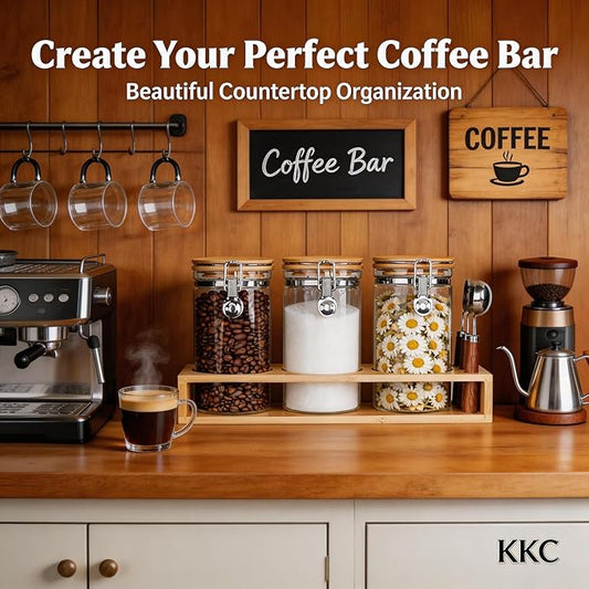 Glass Coffee Canister Set for Countertop | 3-Piece Airtight Jars for Coffee, Sugar, Tea | Modern Farmhouse Kitchen Essentials with Bamboo Lids & Scoops for Coffee Bar & Pantry Organization