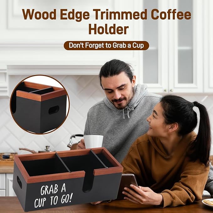 100% Wooden Coffee Cups Holder with U-Shape Cutout Design for Countertop-Coffee Bar Organizer for Cups, Lids, Pods, Stirrers, and Accessories, Great Gift for Home or Office