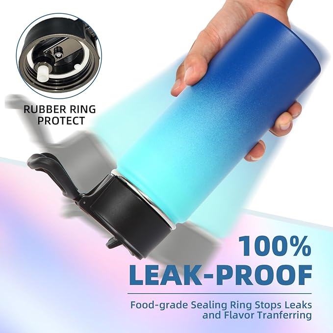 Volhoply Kids Insulated Water Bottle with Straw,16oz Stainless Steel Cold Water Bottles for School,BPA-Free Metal Wide Mouth Cups with Handle,Reusable Double Wall Vacuum Sport Flask(Green Blue,1)