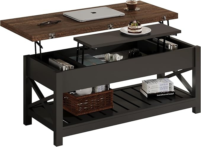 ChooChoo Coffee Table Lift Top, Multi-Function Convertible Coffee Tables with Storage and Hidden Compartment, Coffee Table Converts to Dining Table for Living Room, 40 Black & Espresso
