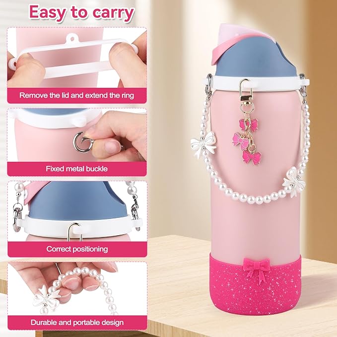 Water Bottle Accessories Set for Owala FreeSip 24oz、32 oz– Includes Pearl Handle Strap, Bow Charms,2.9in .3inch Silicone Bling Boot for Owala Accessories for Women