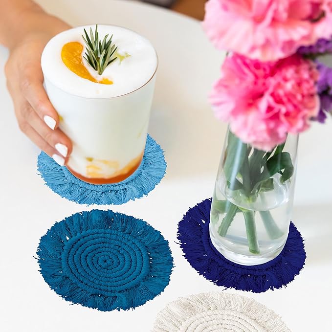 Whaline 4Pcs Boho Macrame Coasters Blue Handmade Woven Drink Coasters Farmhouse Rustic Cup Mat Pad for Home Kitchen Office Table Desk Housewarming Gift Party Table Decor