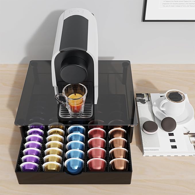 gianotter Crystal Tempered Glass Vertuo Pod Holder Drawer, Compatible with Nespresso Vertuo Capsules, Compatible with 40 Large or 60 Small Nespresso Capsule Organizer (Black)