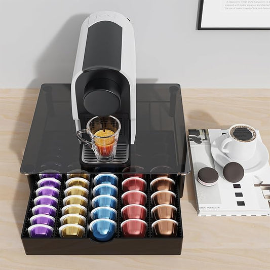 gianotter Crystal Tempered Glass Vertuo Pod Holder Drawer, Compatible with Nespresso Vertuo Capsules, Compatible with 40 Large or 60 Small Nespresso Capsule Organizer (Black)