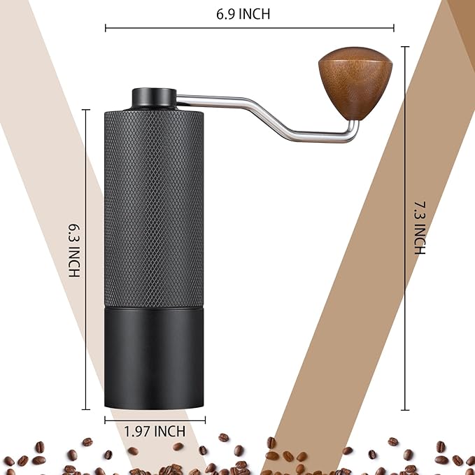 Generic Manual coffee grinder Capacity 25 grams, stainless steel tapered burrs - wooden handle - adjustable internal settings, dual bearing positioning, MCG2401, Black