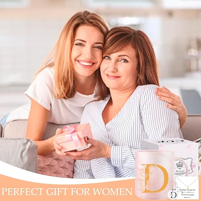 Monogrammed Valentine Days Gifts for Women, 11 oz Initial Ceramic Coffee Tea Mug with Necklace, Unique Mothers Day Birthday Gift for Her Wife Teacher Friend Mom, D