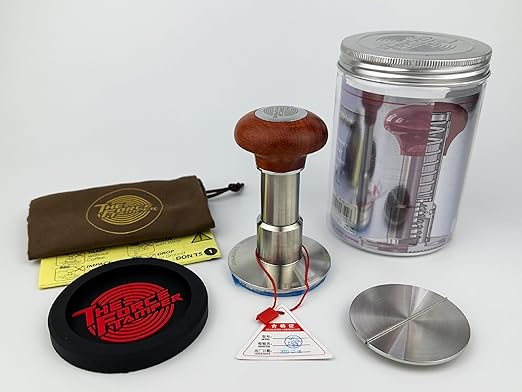 The Force Tamper Automatic Impact Adjustable Constant Pressure and Autoleveling Coffee Tamper Reddish Brown Jellyfish Wooden Handle Set Pro (Flat-Distribute Set, 53.00mm)