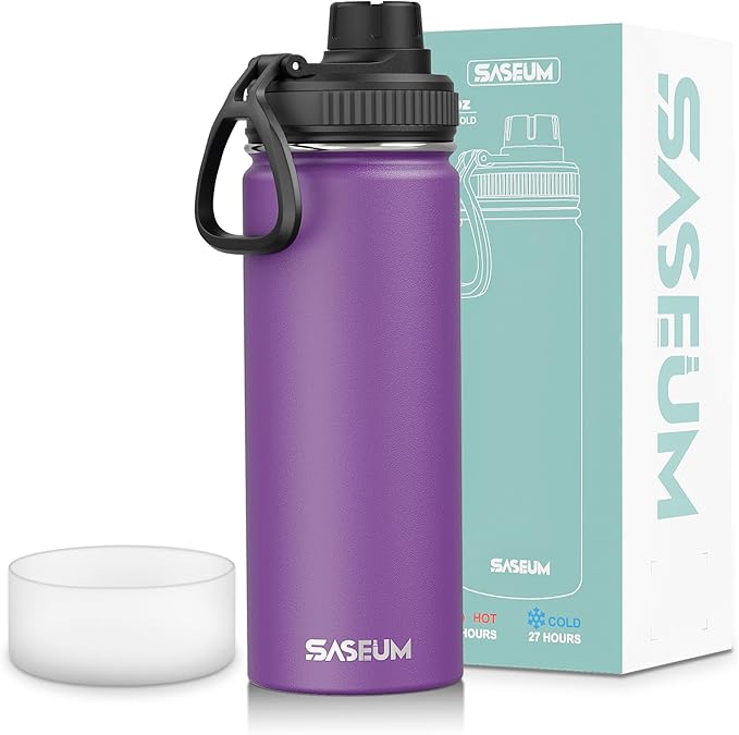 SASEUM Sport Water Bottle 18oz Stainless Steel Double Wall Vacuum Thermal Mug with Leak Proof Spout Lids, Wide Mouth Metal Insulated Water Jug for Gym and Travel（Purple）