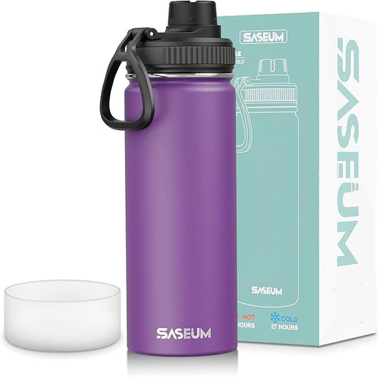 SASEUM Sport Water Bottle 18oz Stainless Steel Double Wall Vacuum Thermal Mug with Leak Proof Spout Lids, Wide Mouth Metal Insulated Water Jug for Gym and Travel（Purple）